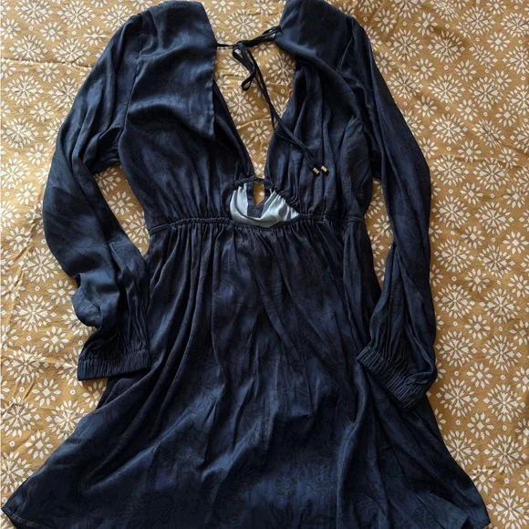 Free People Deep V Navy Mini Dress with Balloon Sleeves - Picture 3 of 4